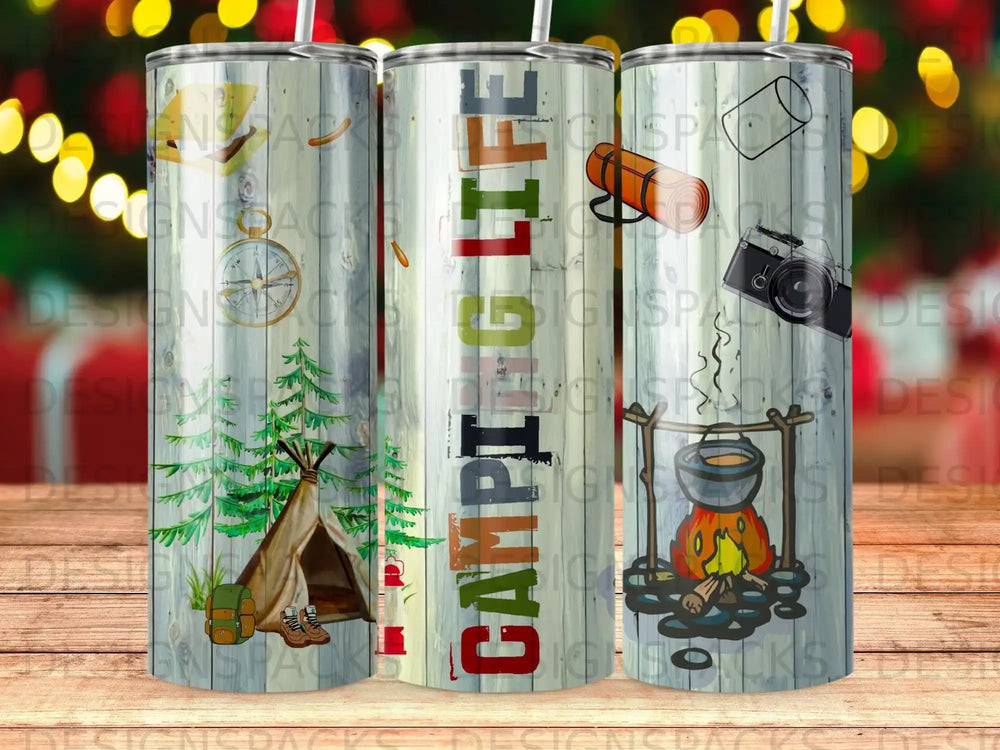 Camping Life tumbler with tent, campfire, and backpack illustrations.