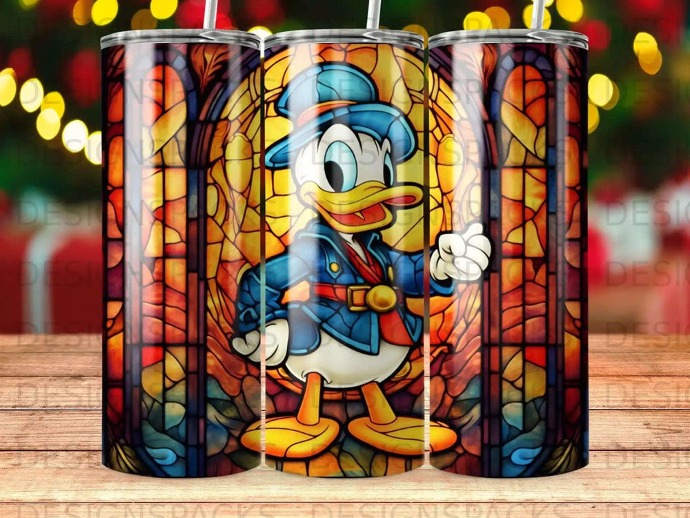 Donald Duck standing in front of a stained-glass window, wearing a blue coat.