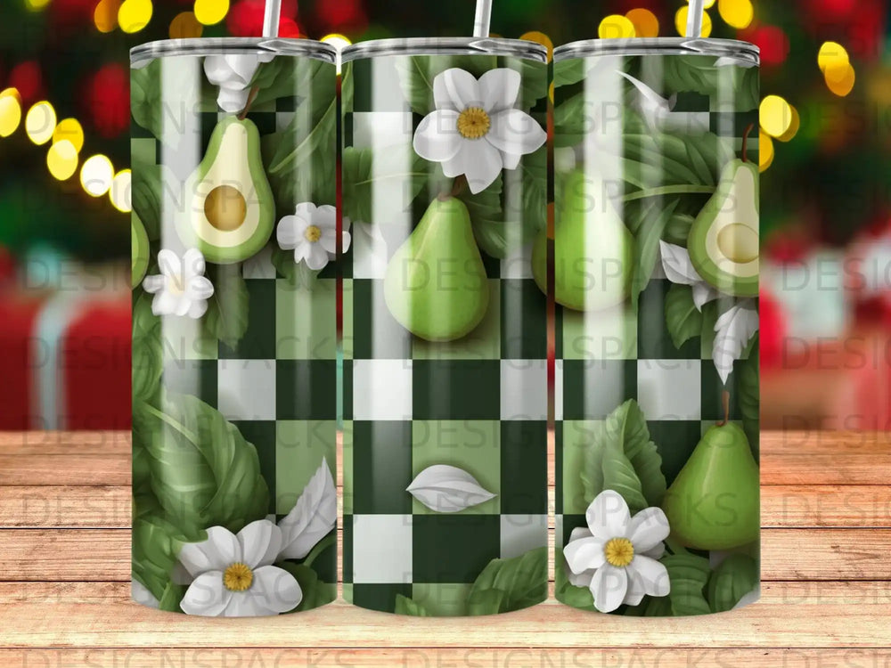 Green checkered pattern with avocado slices and white flowers.