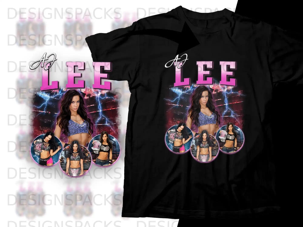 Black t-shirt with AJ Lee graphic featuring wrestler and lightning.