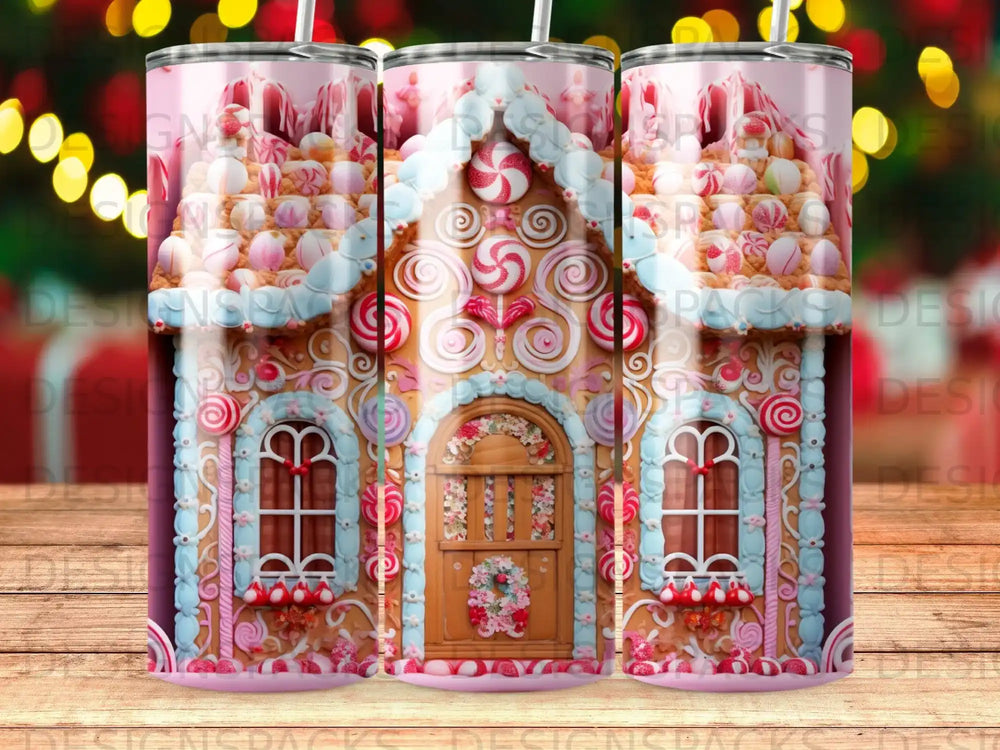 Gingerbread house with pink trim, blue windows, and candy decorations.