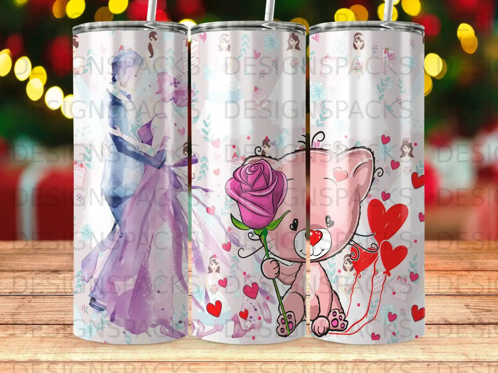 Pink teddy bear holding a rose and heart balloon, with romantic couple illustration.