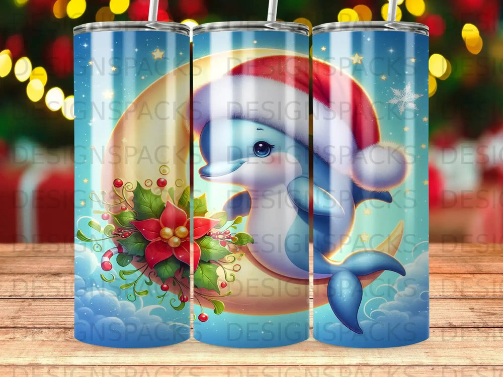 Dolphin in Santa hat on crescent moon with poinsettias and berries.