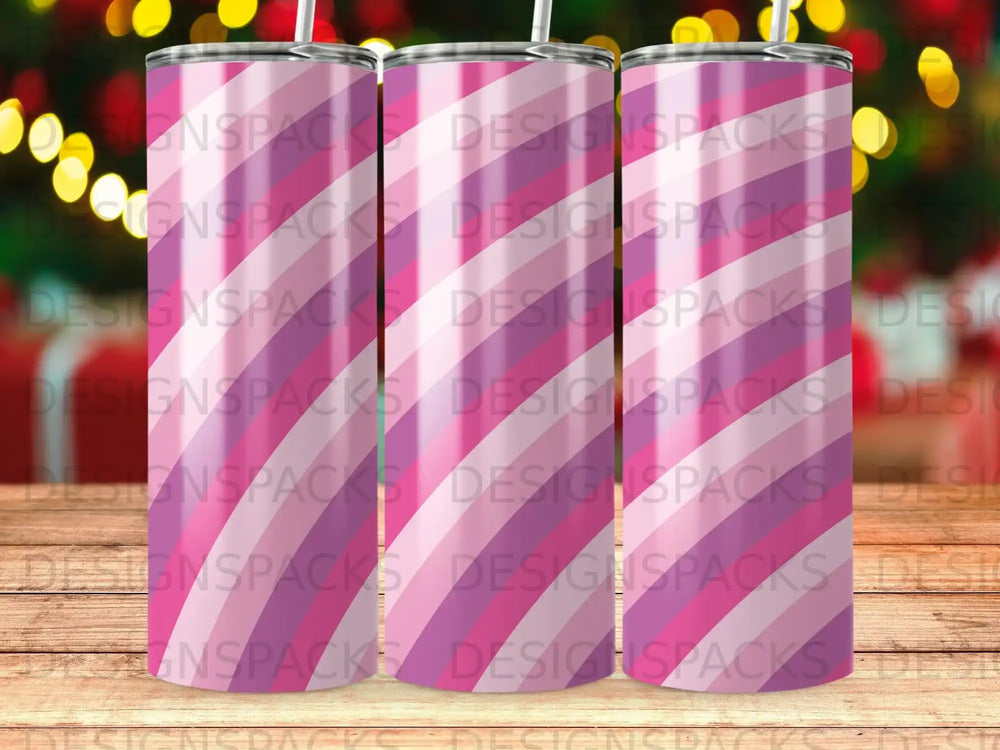 Three tumblers with a diagonal pink and purple stripe pattern.