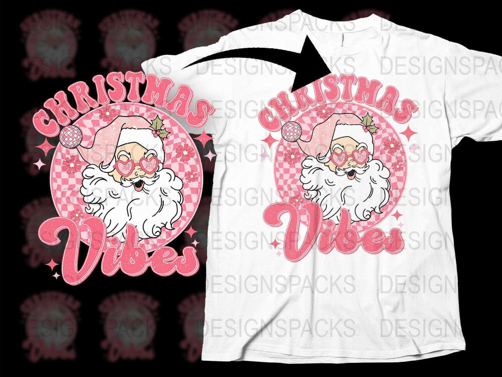 Christmas Vibes Santa Claus T-Shirt, Festive Holiday Graphic Tee, Pink and White Casual Wear
