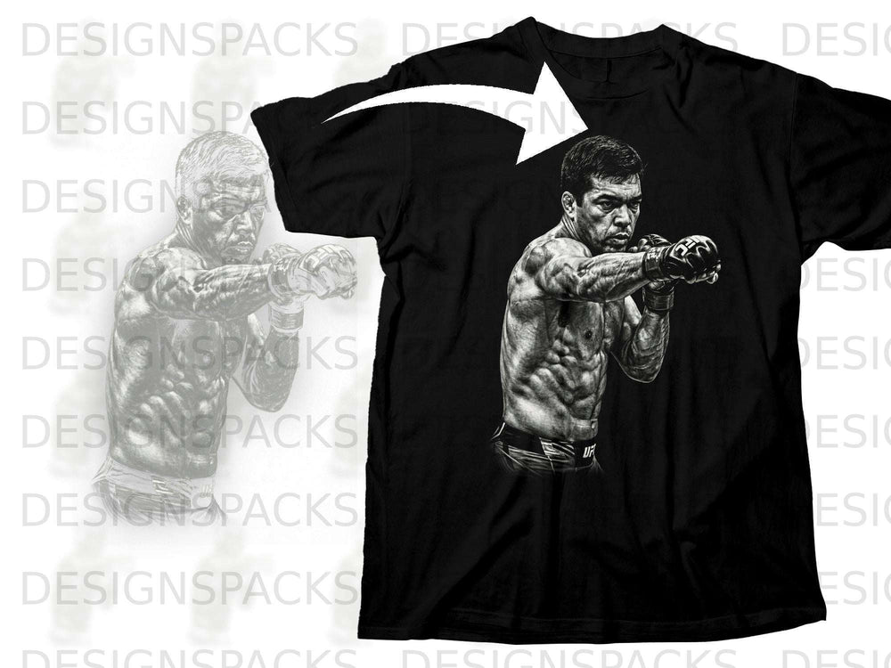 Black t-shirt with a black and white graphic of a muscular fighter in boxing gloves.