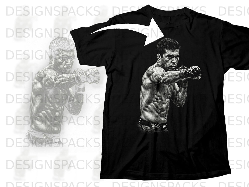 Black t-shirt with a black and white graphic of a muscular fighter in boxing gloves.