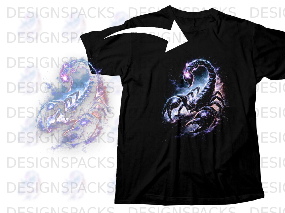 Black t-shirt with a glowing purple and blue scorpion graphic.