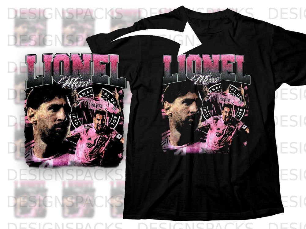 Lionel Messi t-shirt with portrait and "LIONEL MESSI" text.