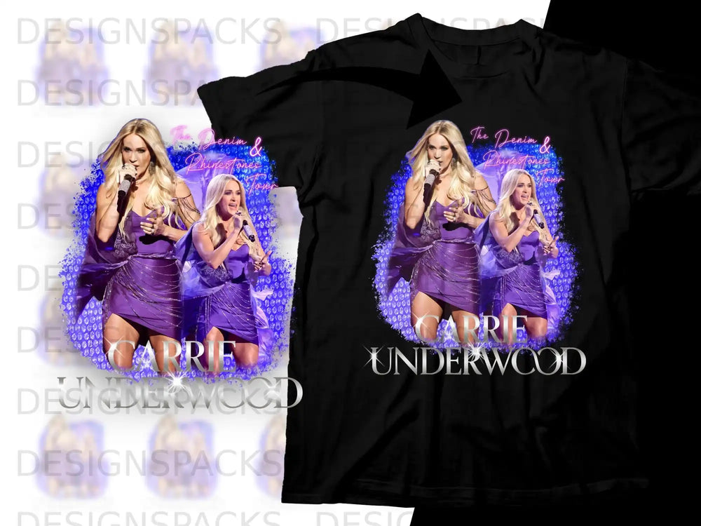 Carrie Underwood in a purple dress with "The Denim & Rhinestones Tour" text.