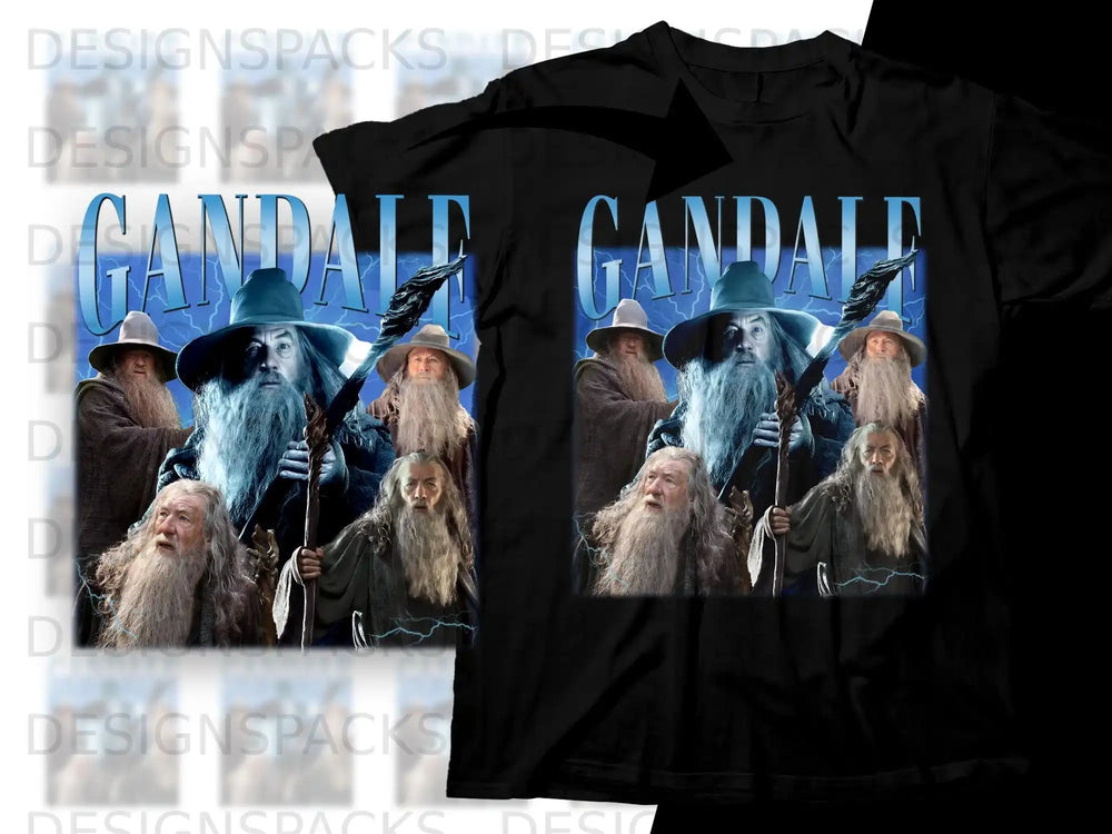 Gandalf collage on black t-shirt.