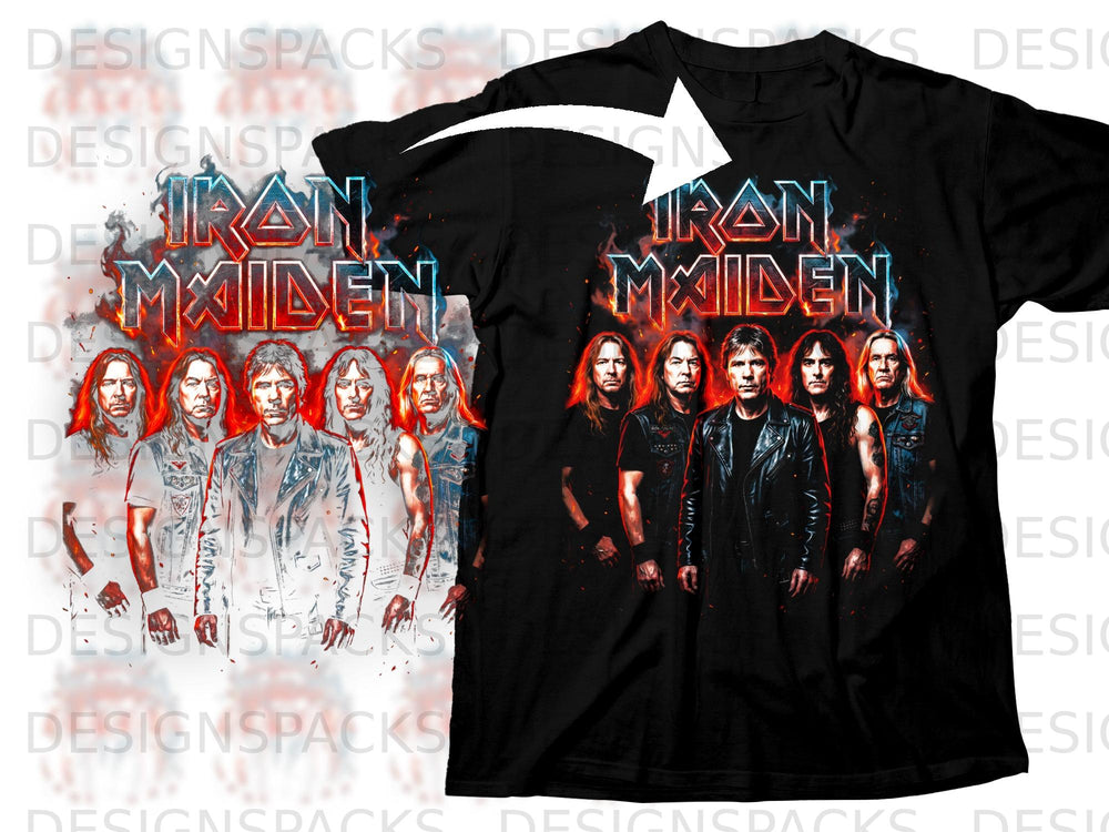 Black t-shirt featuring the band Iron Maiden with fiery graphics.