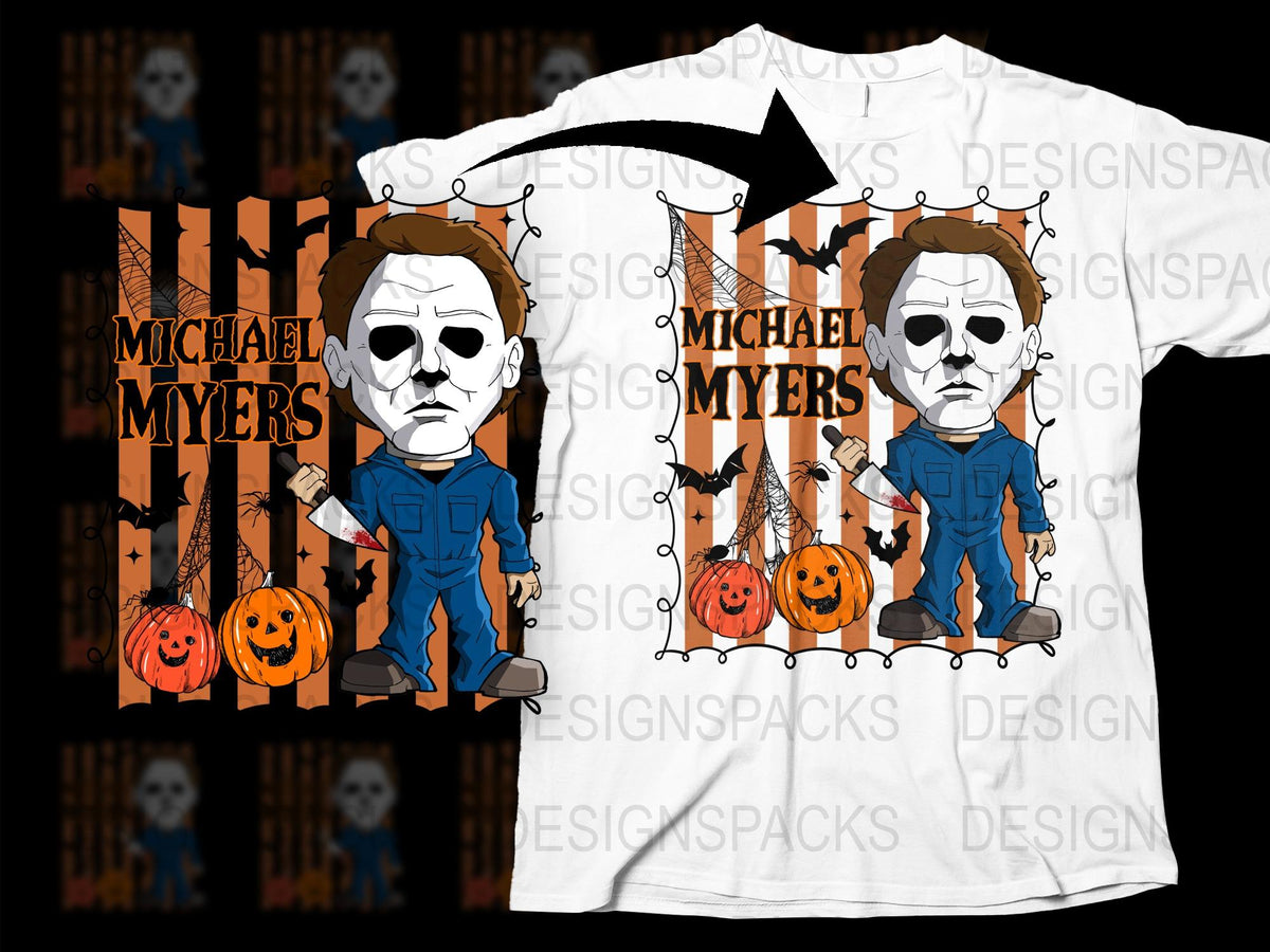 Michael Myers Halloween Themed T-Shirt, Horror Movie Graphic Tee, Unisex Adult Clothing, Pumpkin Design