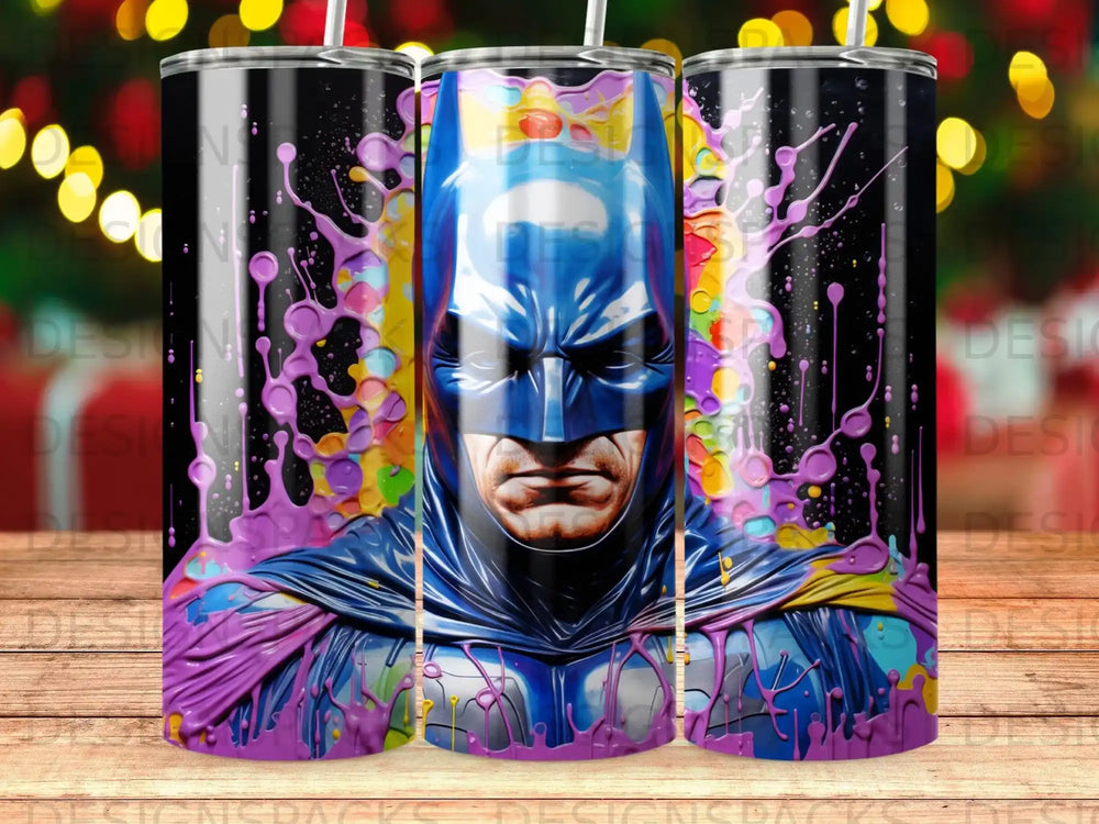 Batman's face with colorful paint splatters and a dark background.