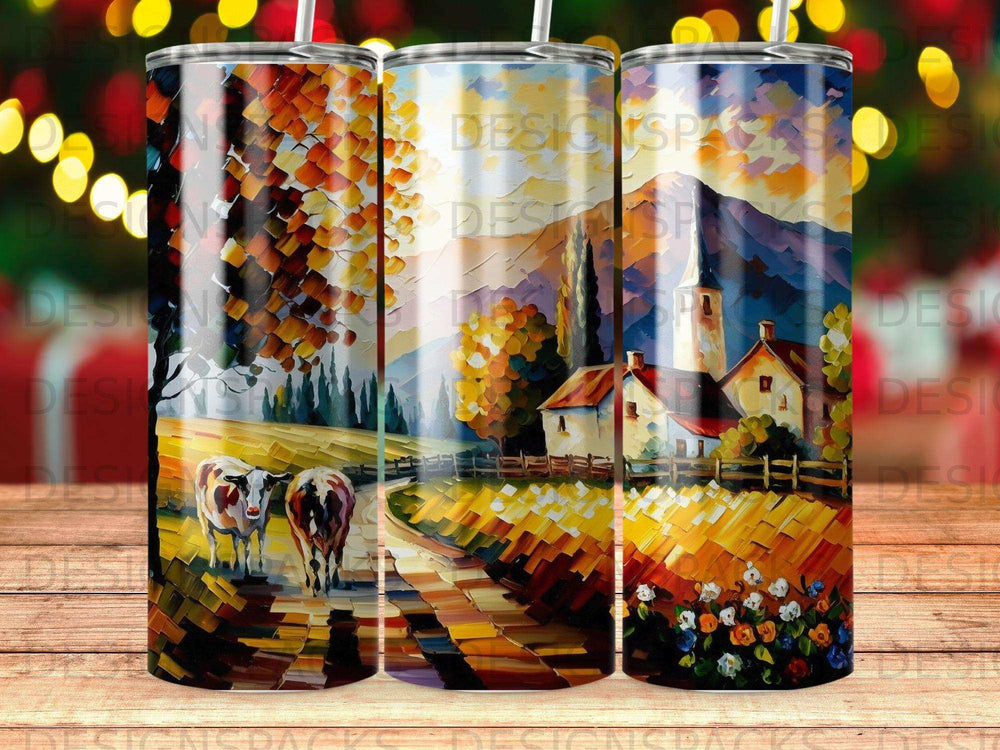 Impressionist landscape with cows walking on a path toward a village.
