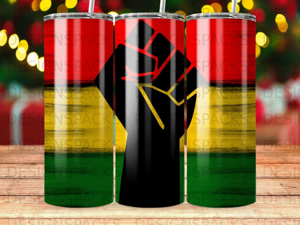 Black fist raised against a background with red, yellow, and green stripes.
