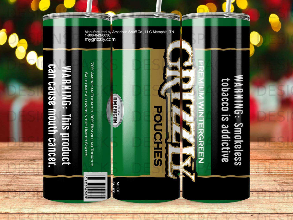 Grizzly Premium Wintergreen Pouches can featuring warnings and tobacco blend information.
