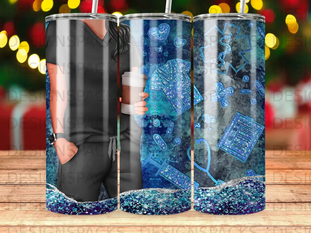 Blue medical themed tumbler with stethoscope, scrubs, and caduceus symbols.