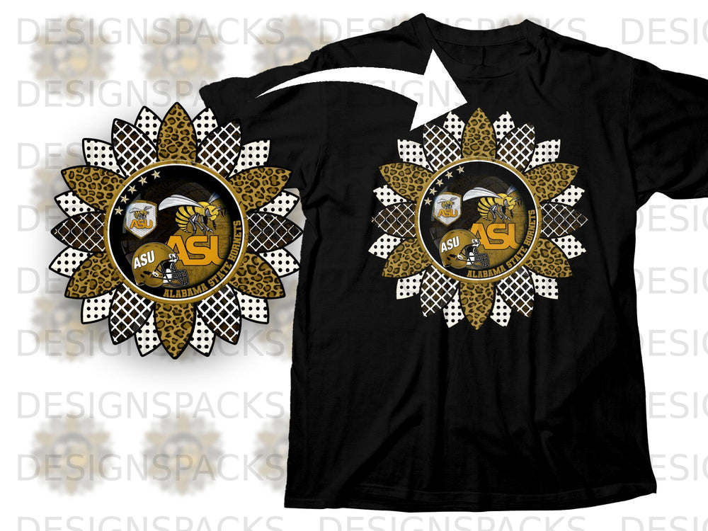 ASU Hornets sunflower graphic with leopard print and patterns on a black t-shirt.