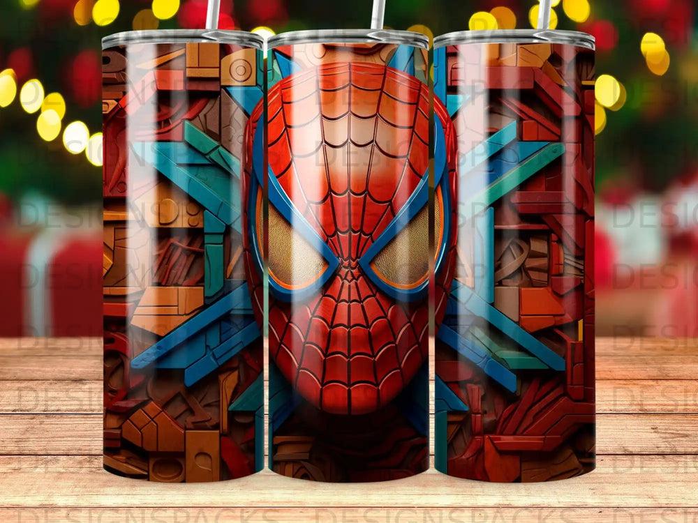 Spider-Man mask design on a tumbler with wood grain texture background.