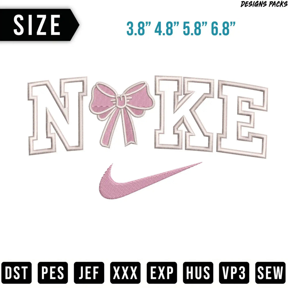 Pink Nike logo with bow design and embroidery file formats.