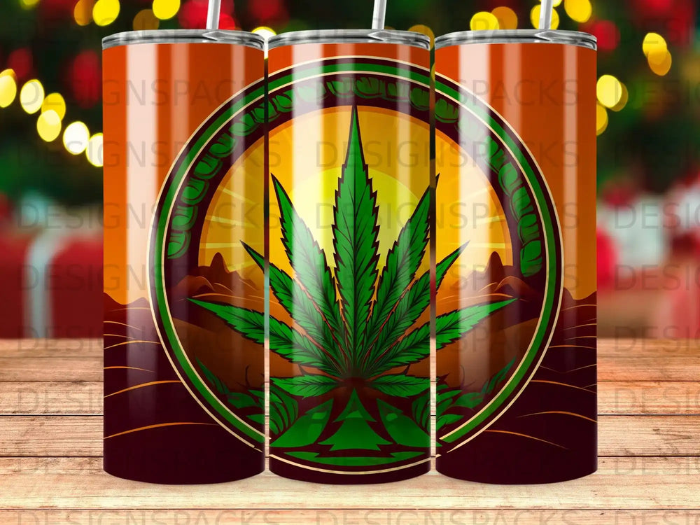 Green cannabis leaf centered within a circular sun and mountain design.