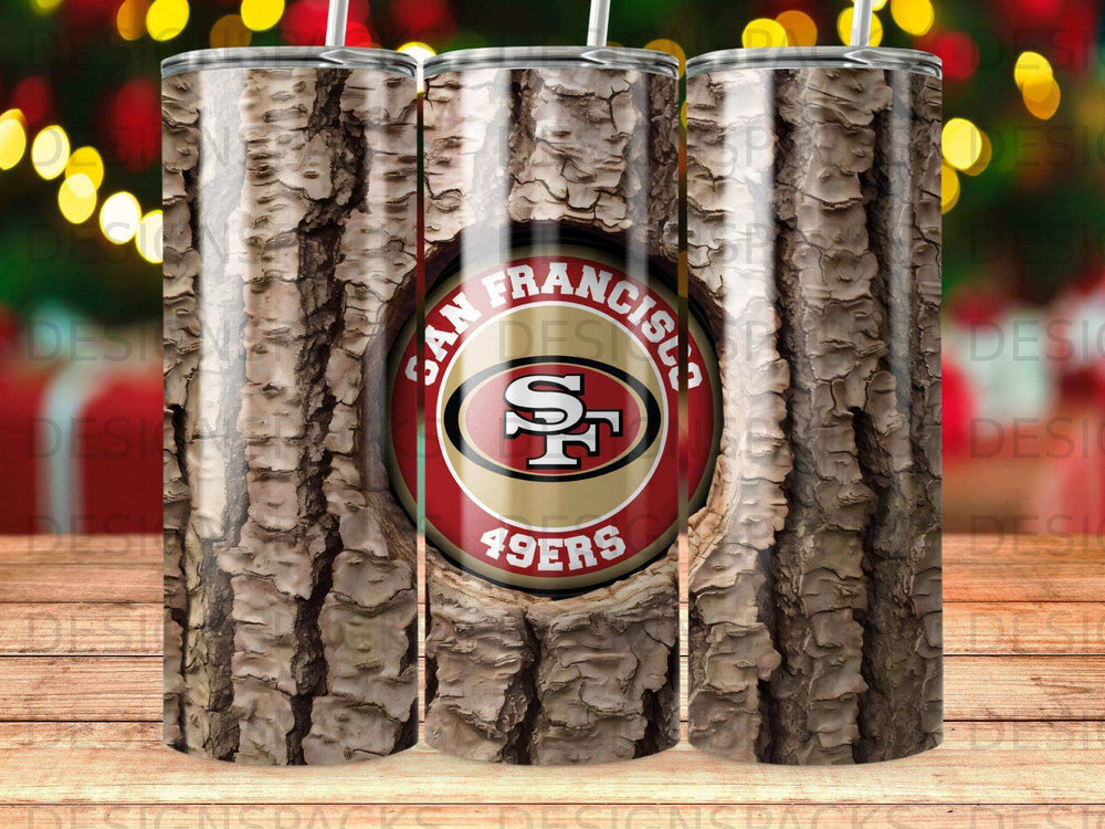 San Francisco 49ers logo on a wood grain tumbler.