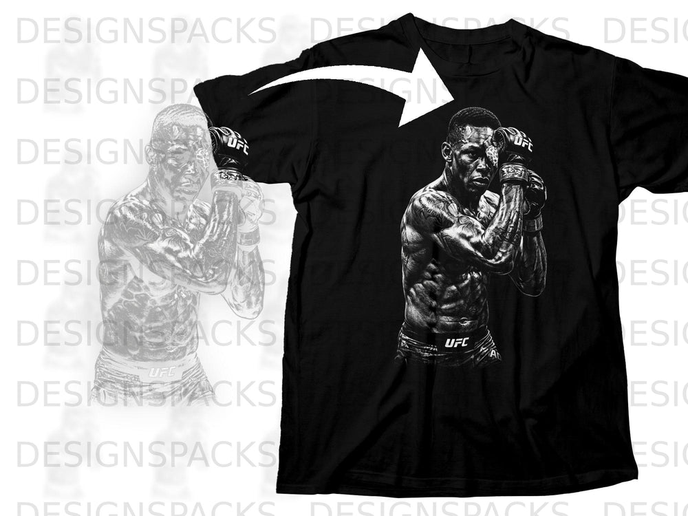 Black t-shirt with a grayscale illustration of a UFC fighter in boxing stance.