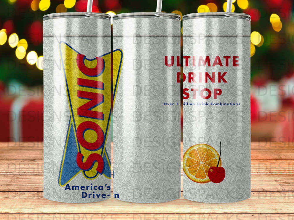 Sonic Drive-In tumbler with "Ultimate Drink Stop" text and cherry.