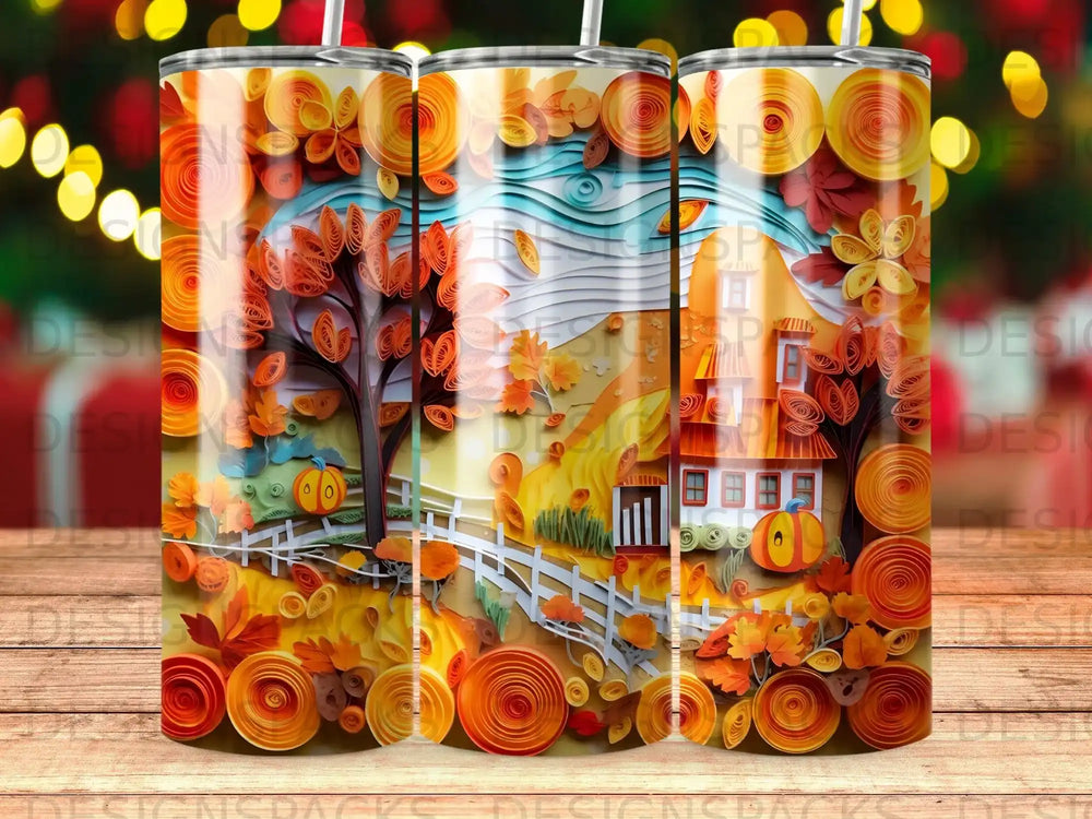 Autumn scene with a house, trees, and pumpkins, rendered in paper quilling.