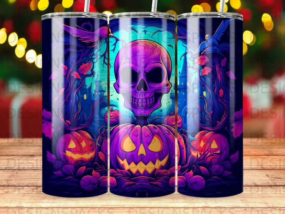 Neon Haunt Skull & Pumpkin Tumbler Digital Wrap Design