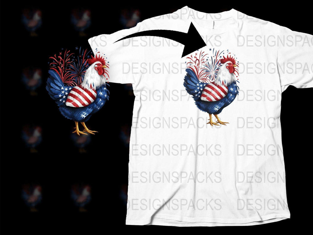 Patriotic Rooster T-Shirt, American Flag Design, Fourth of July Apparel, White Tee