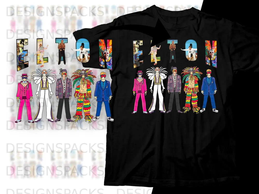 T-shirt with colorful illustrated figures in costumes and "Elton John" text.