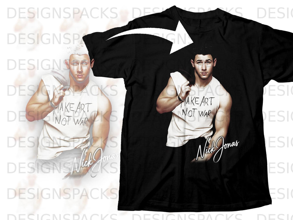 Black t-shirt with Nick Jonas graphic and text "Make Art Not War".