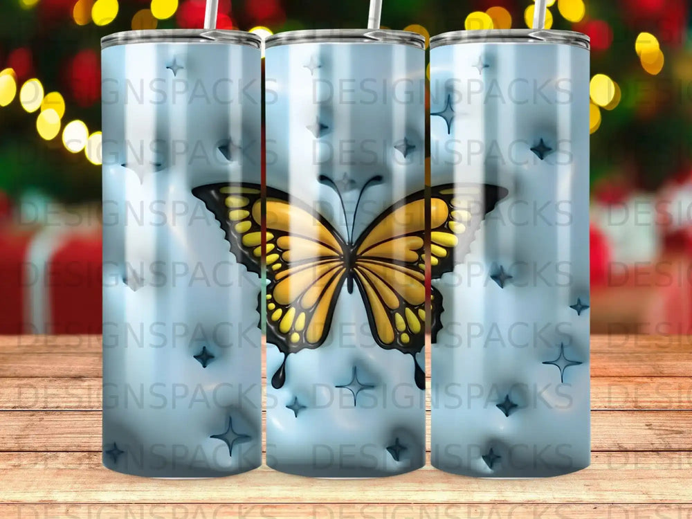 Butterfly on a blue background with repeating "DESIGNSPACKS" text pattern.