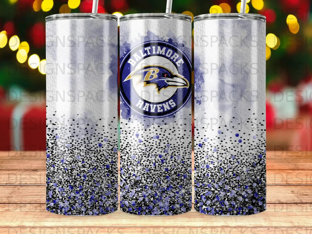 Baltimore Ravens tumbler with purple and black glitter and white speckles.