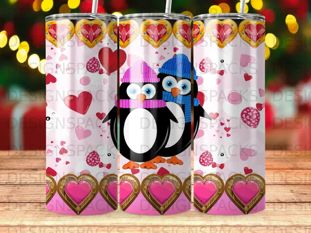 Two cartoon penguins wearing scarves and hats with hearts pattern.