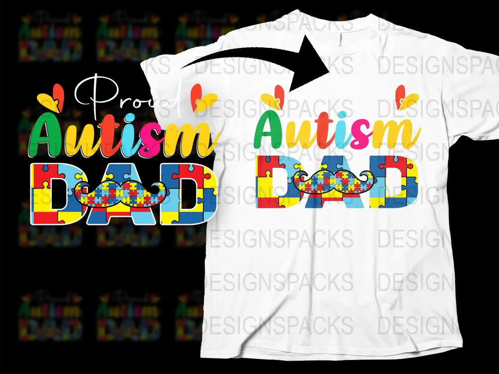 Proud Autism Dad T-Shirt Colorful Puzzle Pieces Awareness Supportive Father Gift