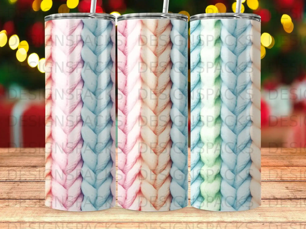 Three tumblers with pastel knitted patterns and subtle glitter accents.