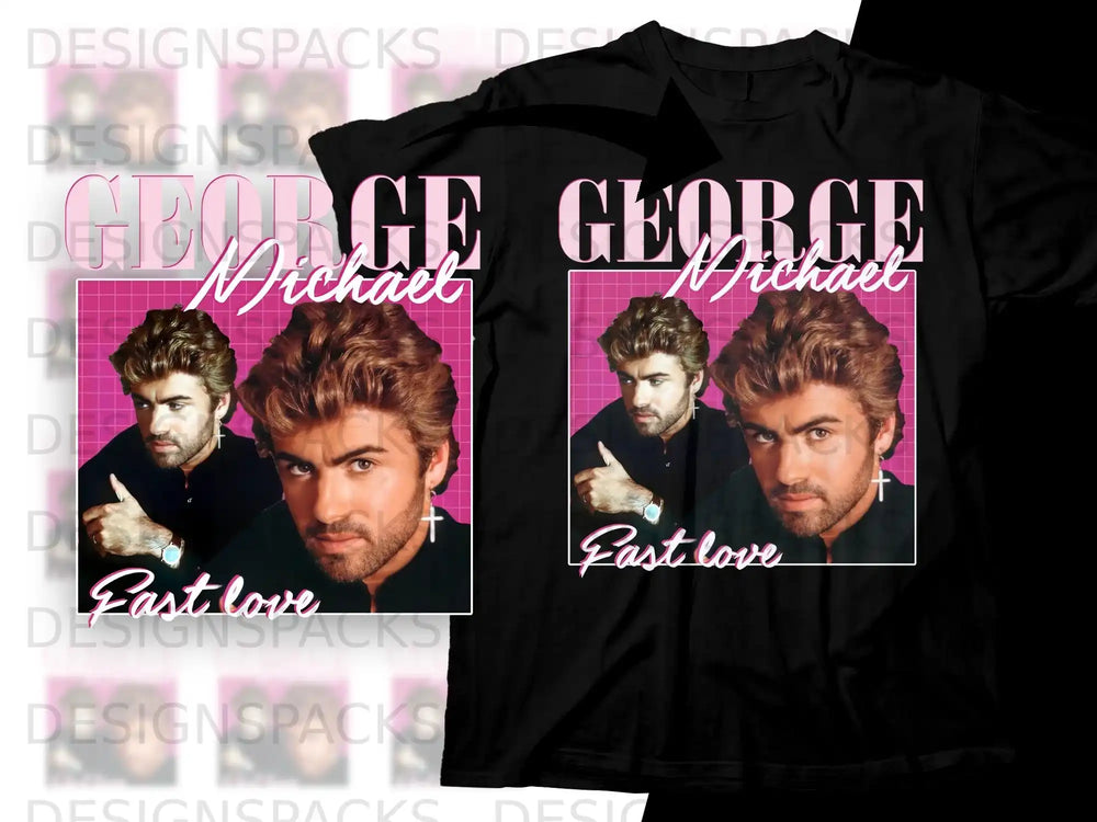 Black t-shirt with George Michael "Fast Love" graphic.
