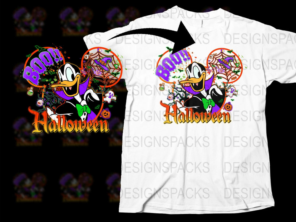 Halloween Themed T-Shirt with Cartoon Ducks, Colorful 'Boo!' Design, Kids and Adults Sizes Available