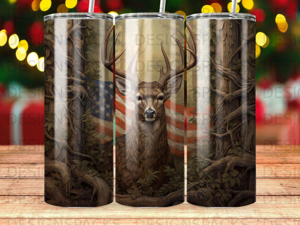 Deer in forest with American flag and tree roots, graphic design.