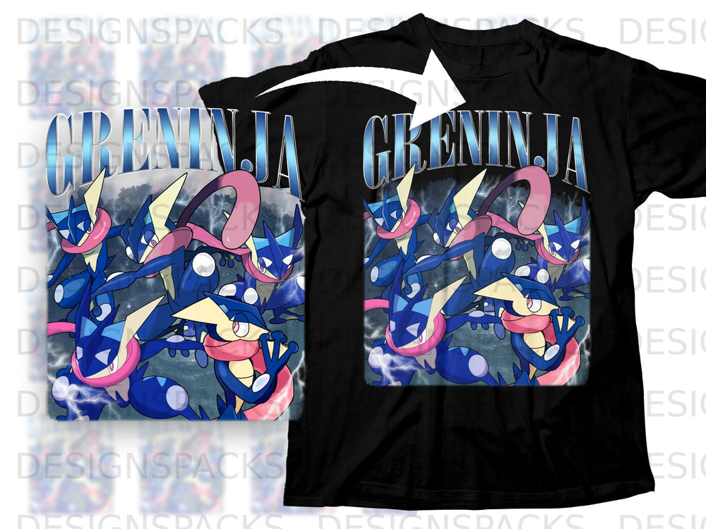 Black t-shirt with multiple blue Greninja characters and "GRENINJA" text.