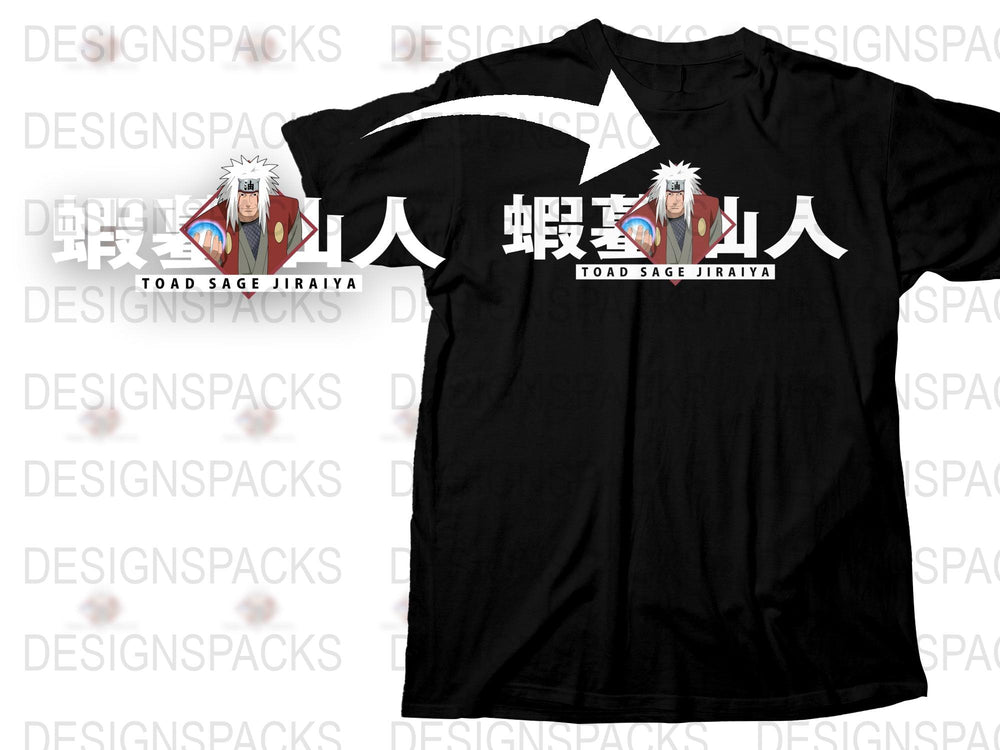 Jiraiya Toad Sage Anime T-Shirt, Japanese Writing Graphic Tee, Unisex Black Cotton Shirt, Gift for Manga Fans