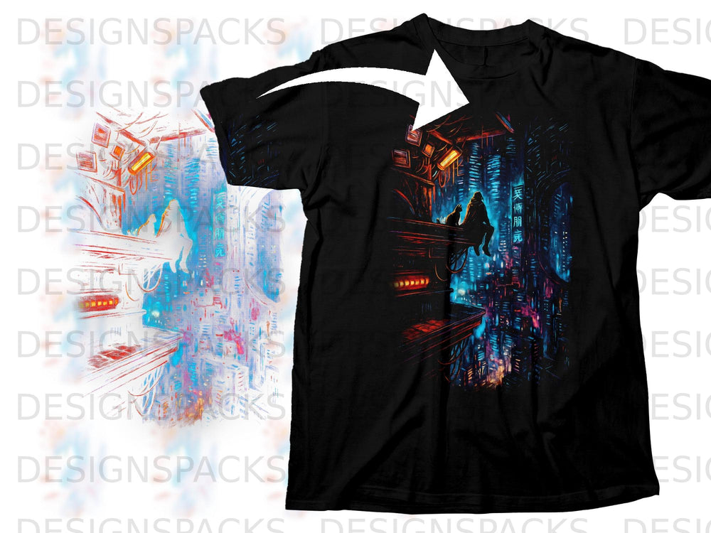 Black t-shirt with graphic of figures overlooking a futuristic city at night.