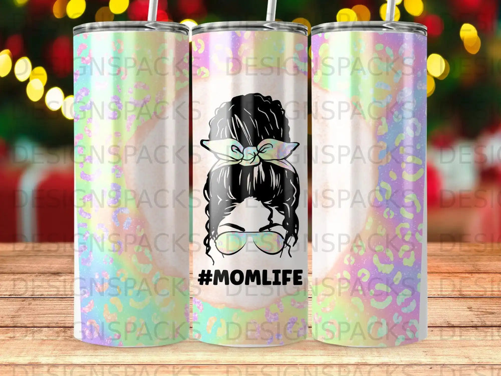 Tumbler with messy bun graphic and "#MOMLIFE" text.
