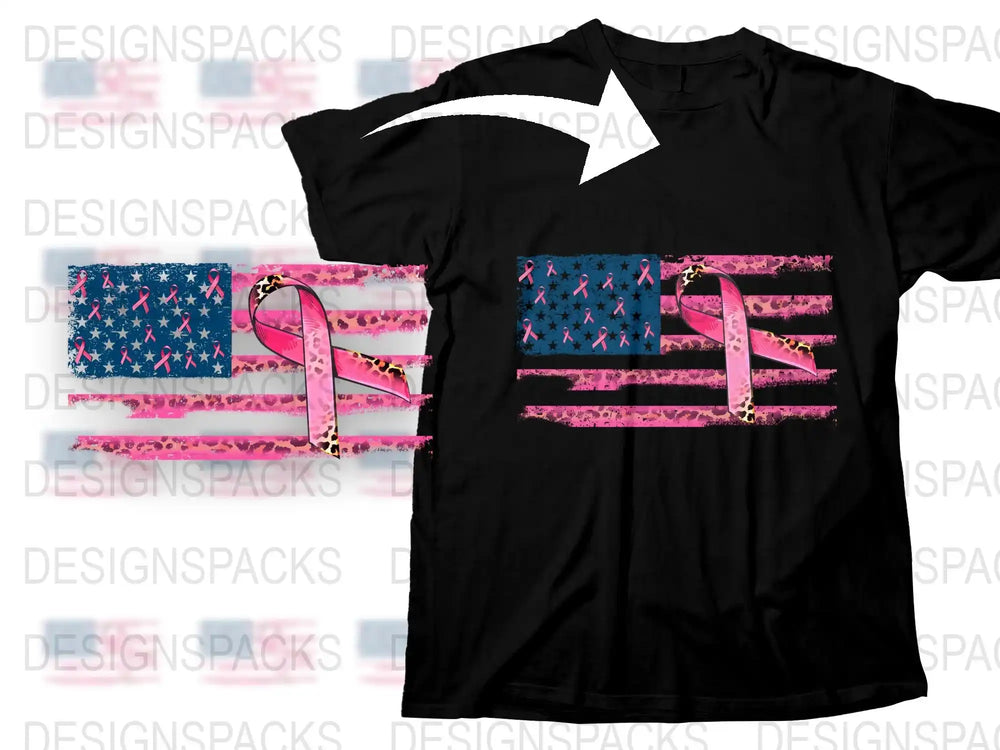 American Flag Breast Cancer Awareness T-Shirt, Pink Ribbon Patriotic Tee, Unisex Black Shirt