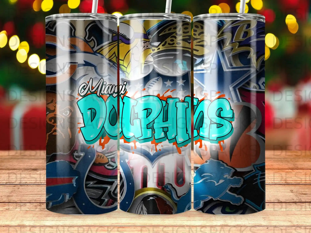 Miami Dolphins logo on a patterned tumbler with sports team logos.