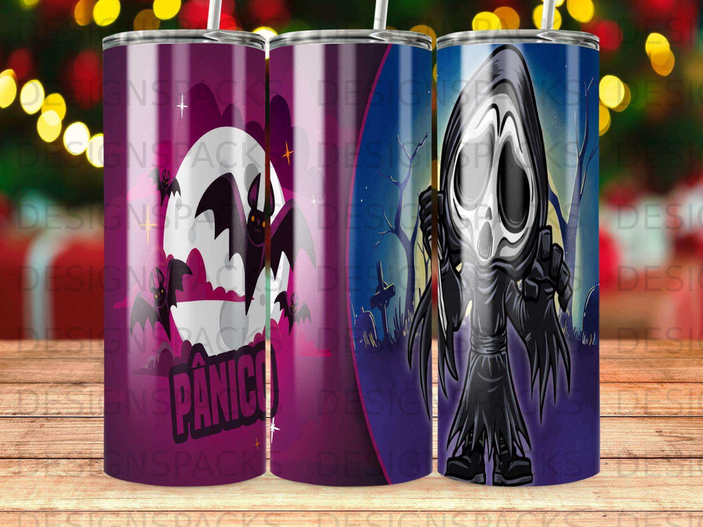Grim Reaper and ghost figures on a purple tumbler with "PANIC" text.
