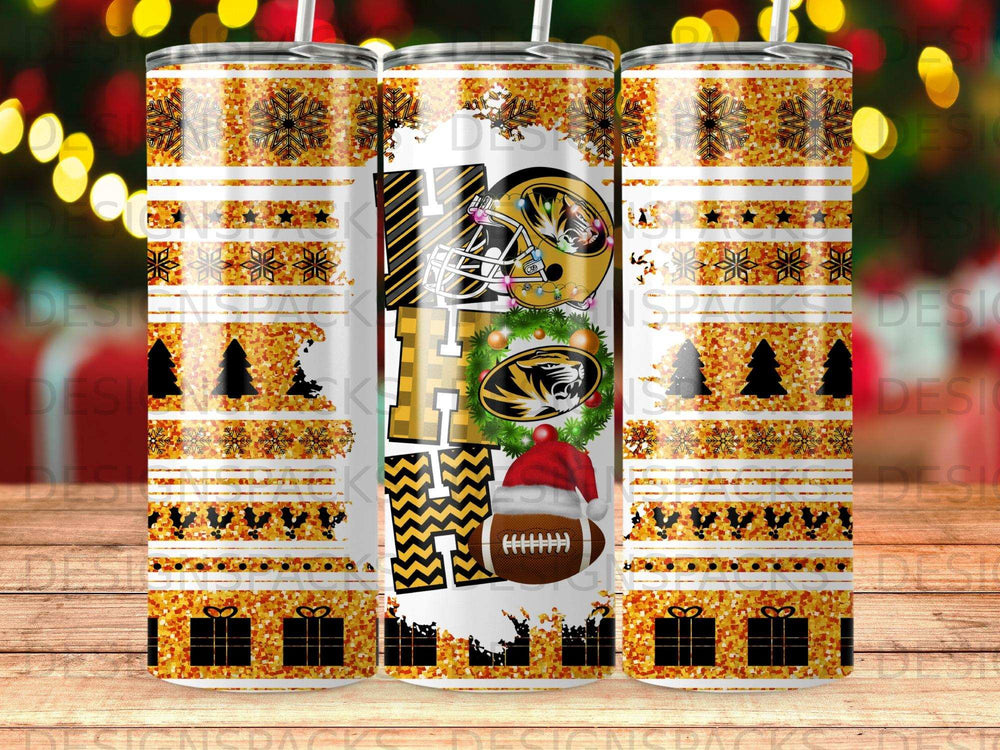 "HO HO HO" text on tumbler with football, Santa hat, and gold glitter patterns.